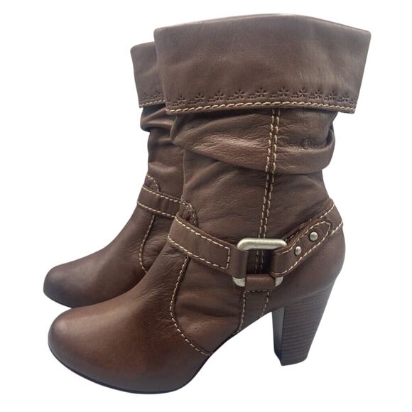 Fossil Boots Womens Sz 8.5 Slouch Brown Leather Harness Folder Over Mid Calf Zip - Picture 1 of 10
